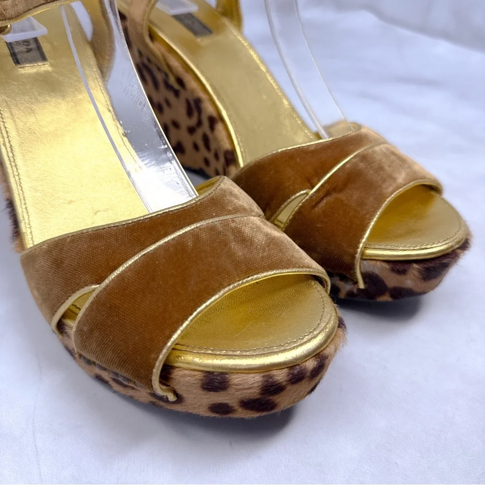 PRADA Vintage Y2K Velvet Leopard Calf Hair Leather Platform Wedge Sandal Heel 38
